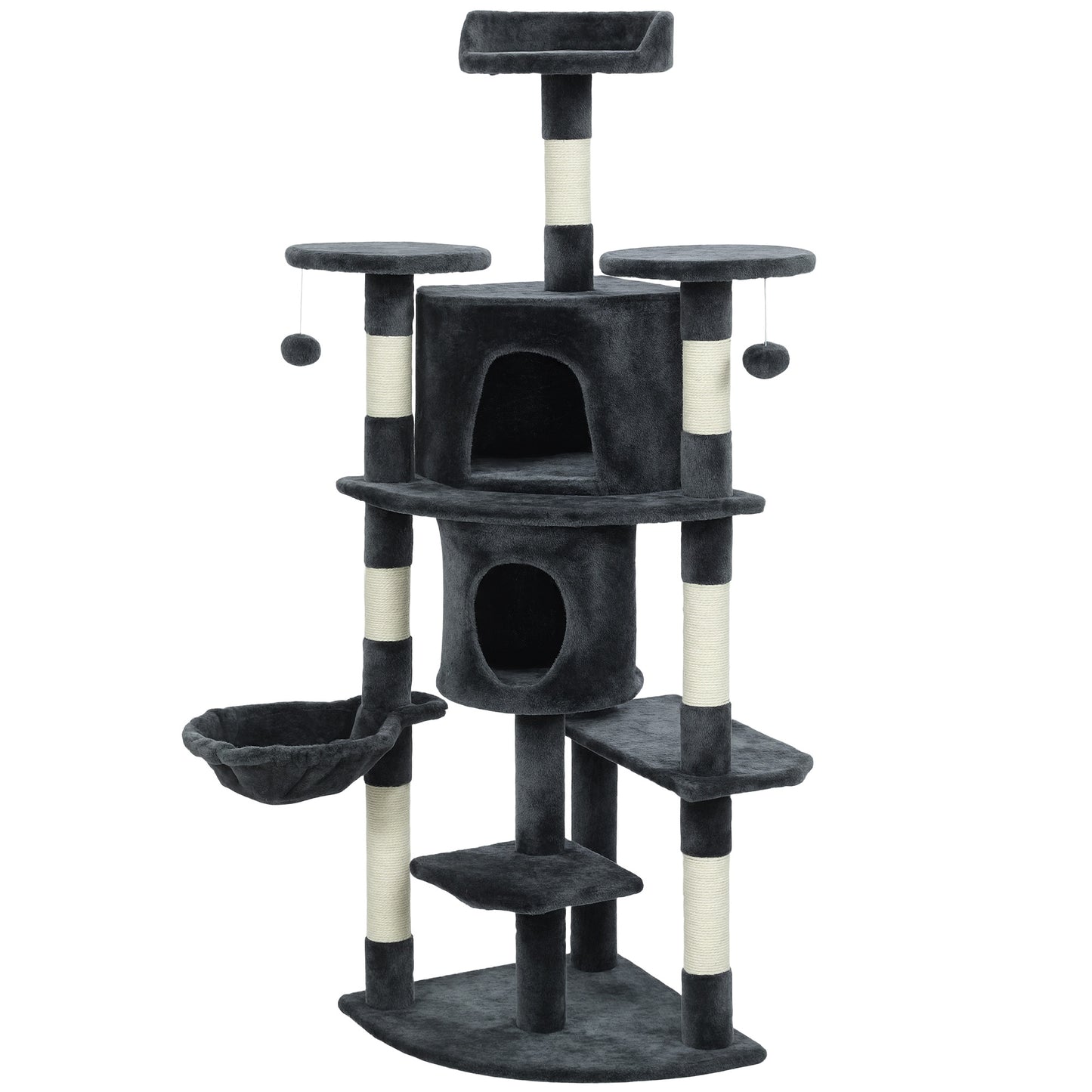 62" Cat Tree with Scratching Post, 2 Condos, Hammock, Perches, Plush, Pompoms, for Indoor Cats, Dark Grey