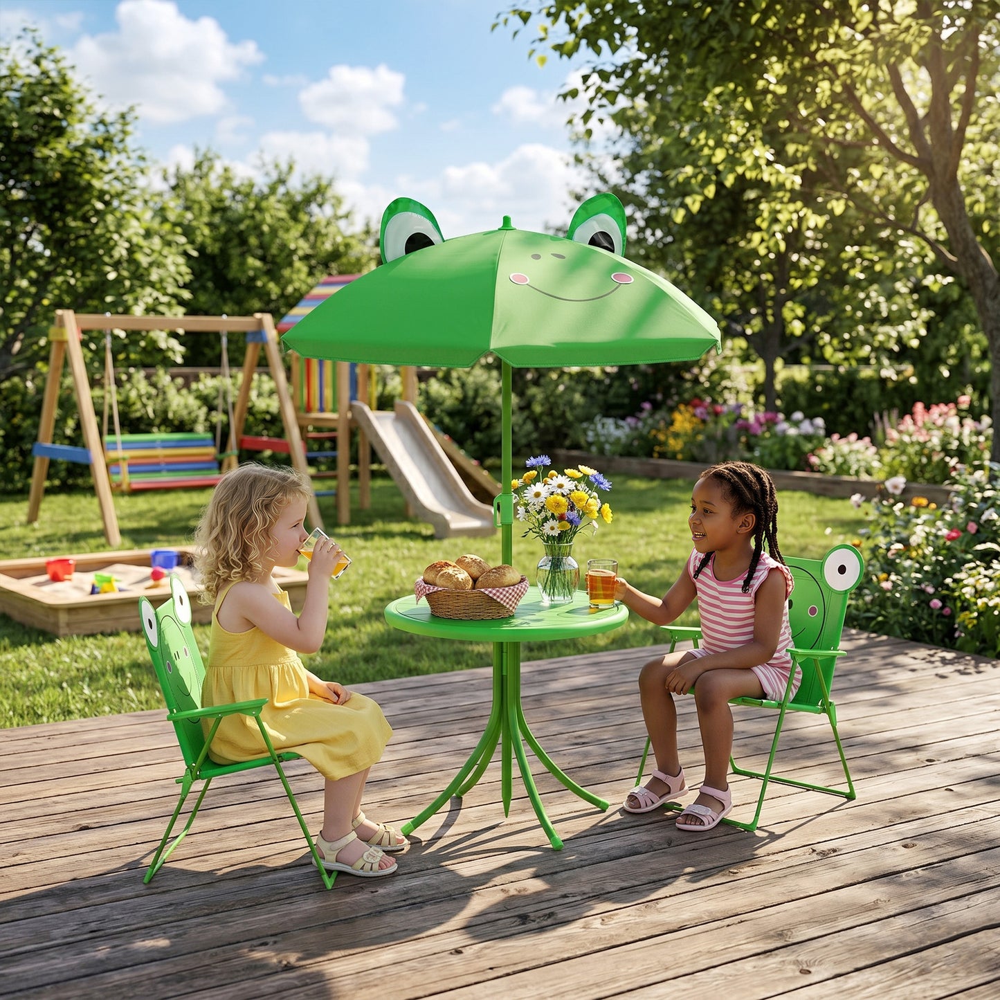 Kids Folding Picnic Table and Chair Set Pattern Outdoor Garden Patio Backyard with Removable & Height Adjustable Sun Umb