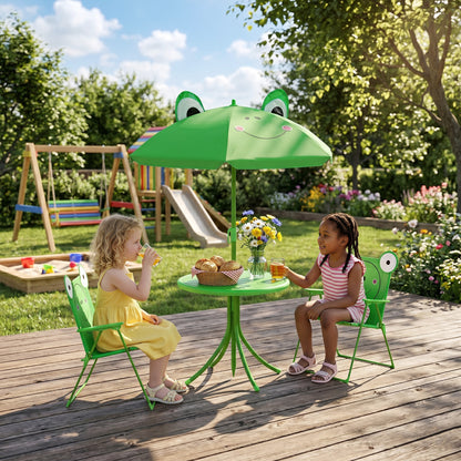 Kids Folding Picnic Table and Chair Set Pattern Outdoor Garden Patio Backyard with Removable & Height Adjustable Sun Umb