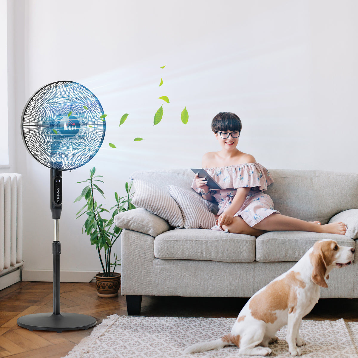 Standing Floor Fan with Remote Control, Stand Up Cooling Fan, Tall Pedestal Electric Fan for Bedroom, Black
