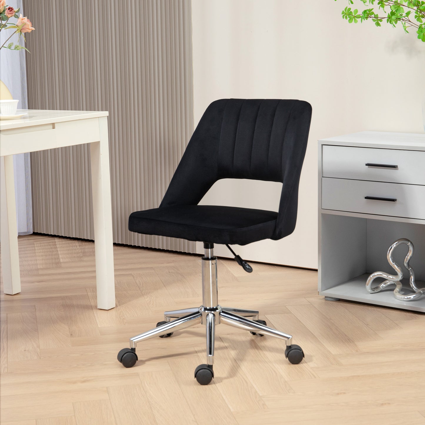 Mid Back Office Chair Velvet Fabric Swivel Scallop Shape Computer Desk Chair, Black