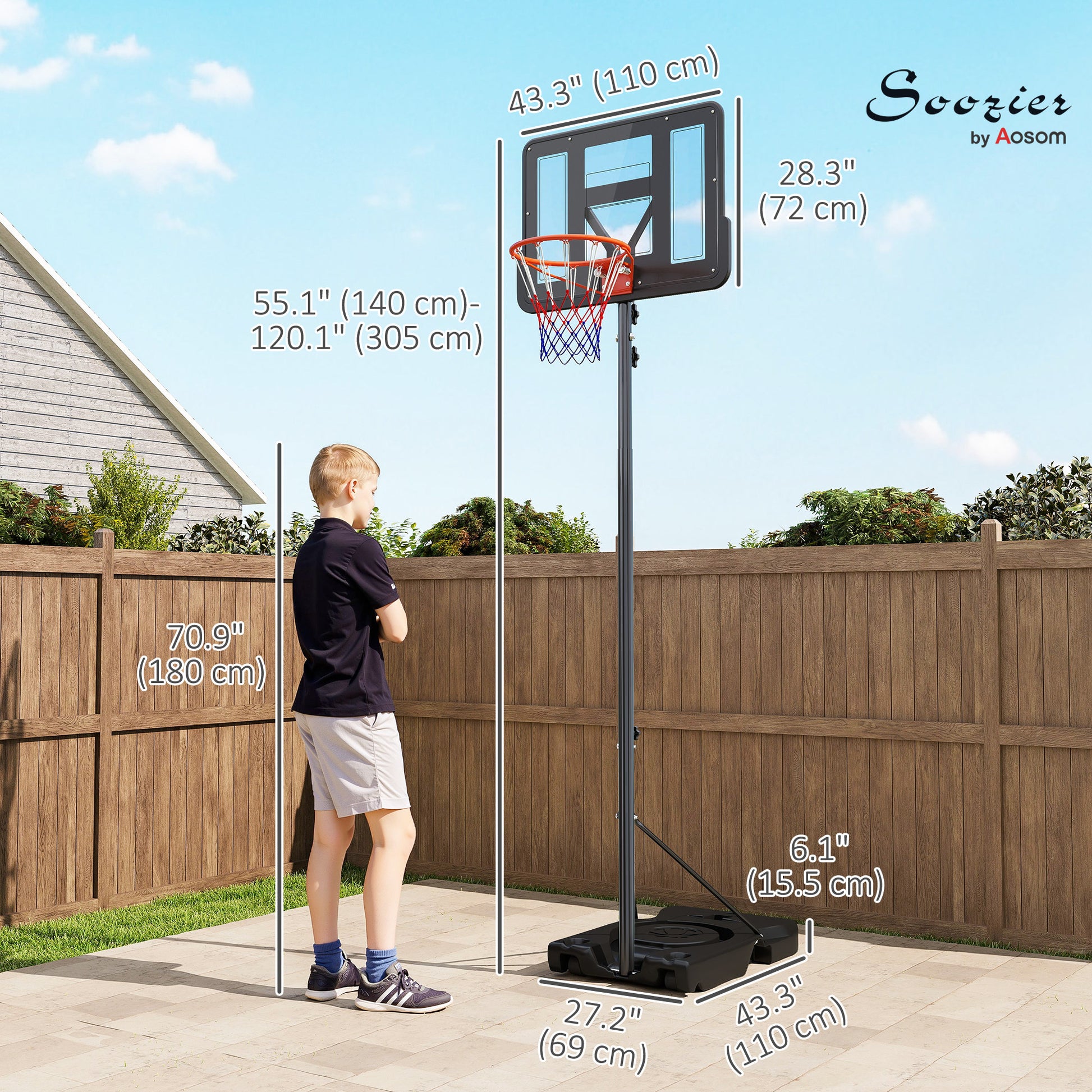 Soozier Basketball Hoop Outdoor, 4.6-10ft Portable Basketball Goal with Wheels and 43" Backboard, for Teenagers Youth Ad