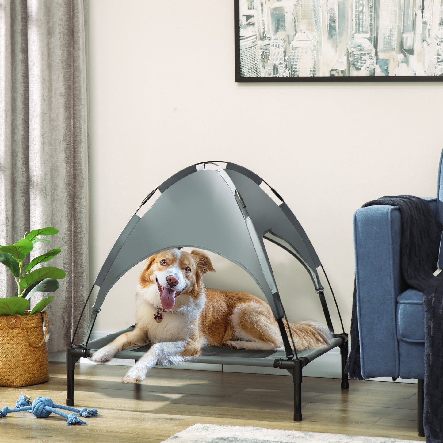 Elevated Dog Bed with Canopy, Portable Raised Dog Cot for M Sized Dogs, Indoor & Outdoor, 30" x 24" x 29", Grey
