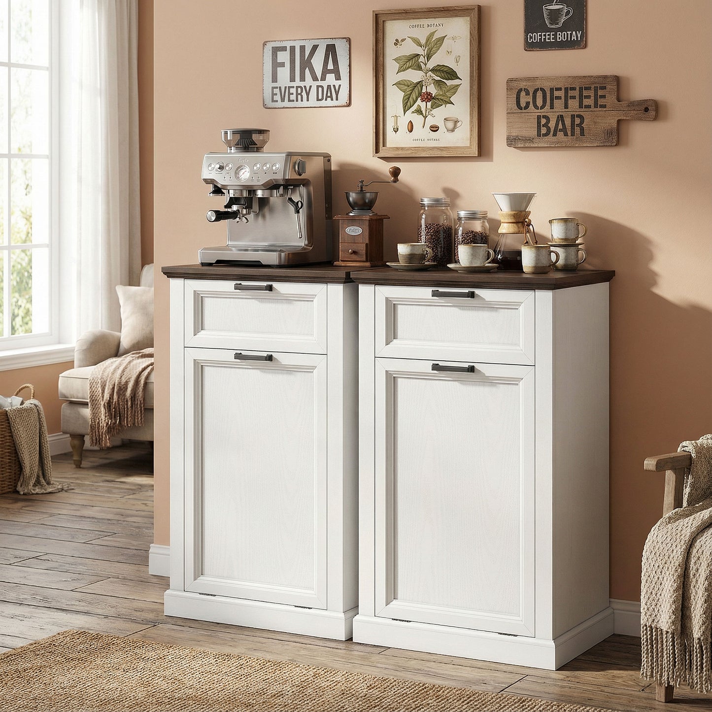 10 Gallon Trash Can Cabinet with Drawer, Farmhouse Tilt Out Garbage Cabinet Laundry Hamper, White Wood Effect