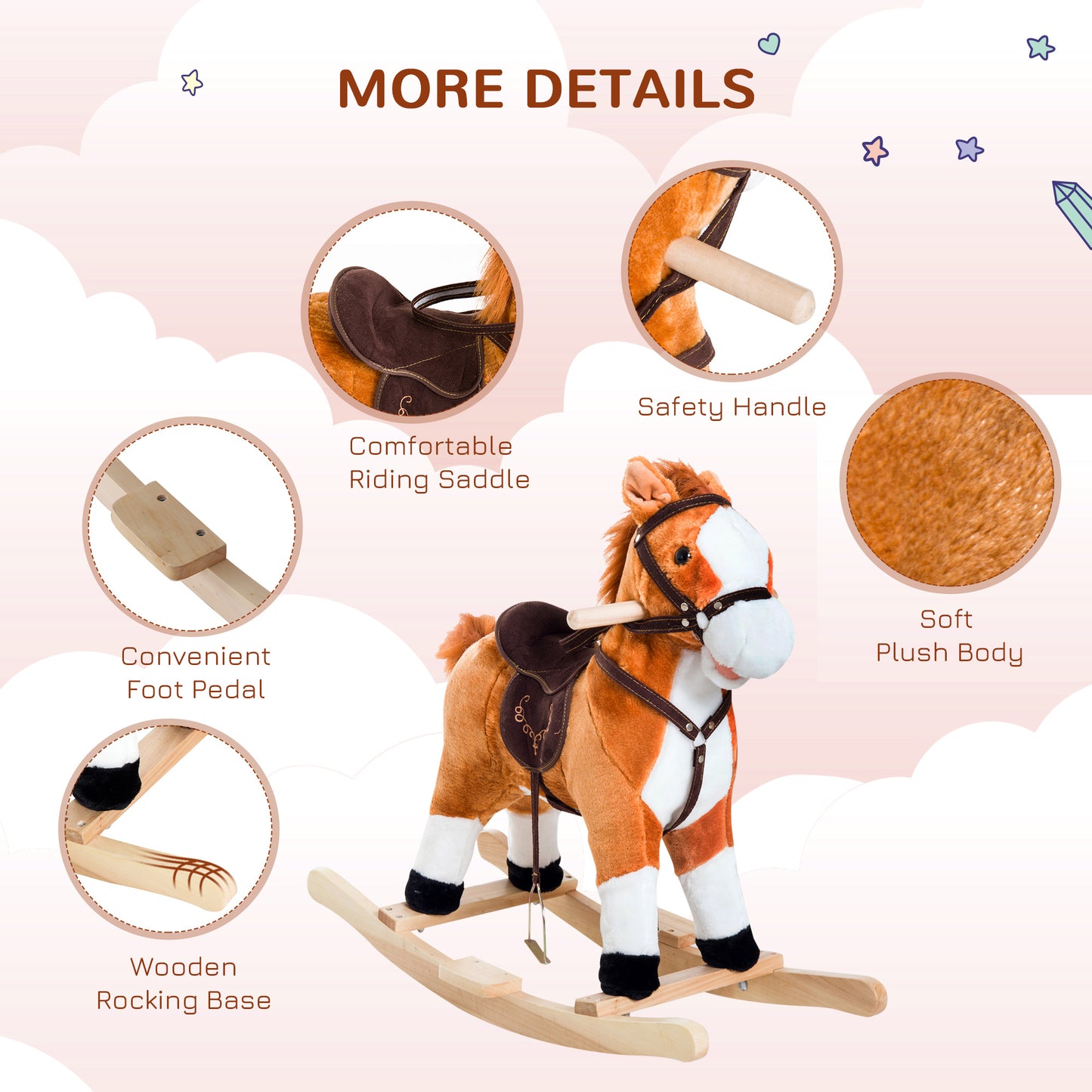 Qaba Kids Plush Rocking Horse Child Ride On Toy Rocker with Realistic Sounds Brown
