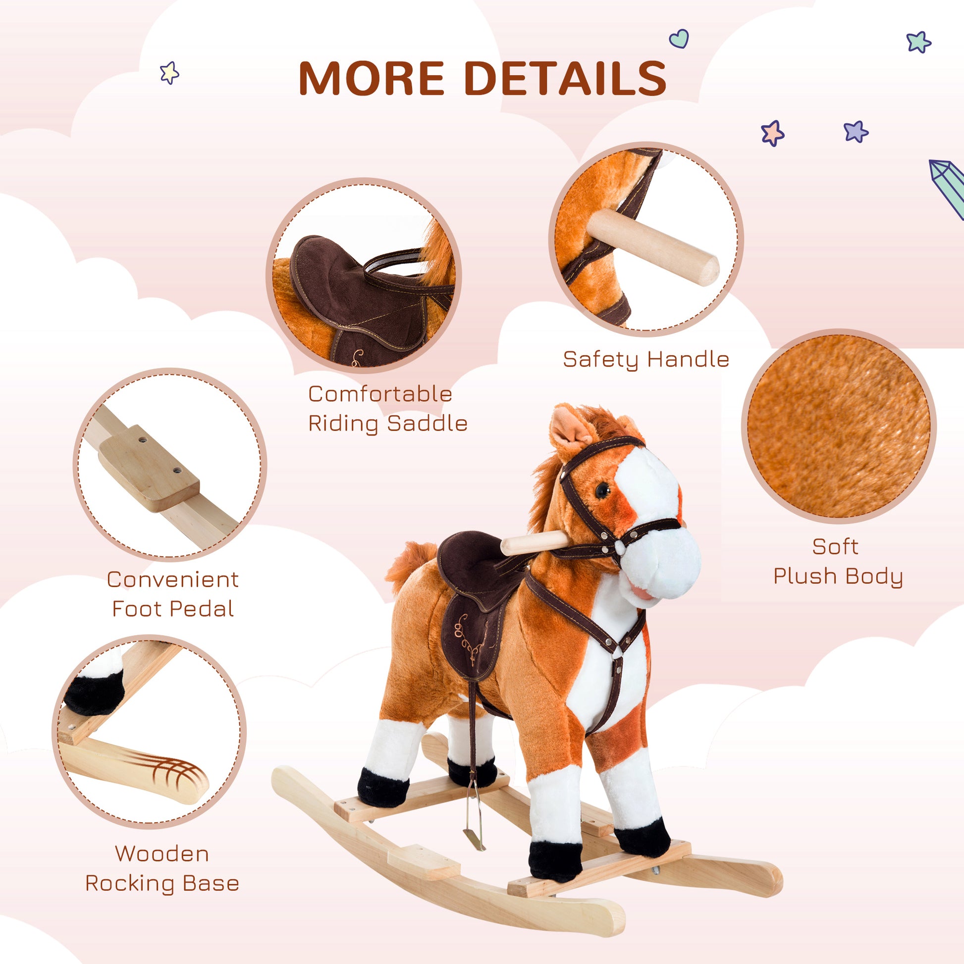 Qaba Kids Plush Rocking Horse Child Ride On Toy Rocker with Realistic Sounds Brown