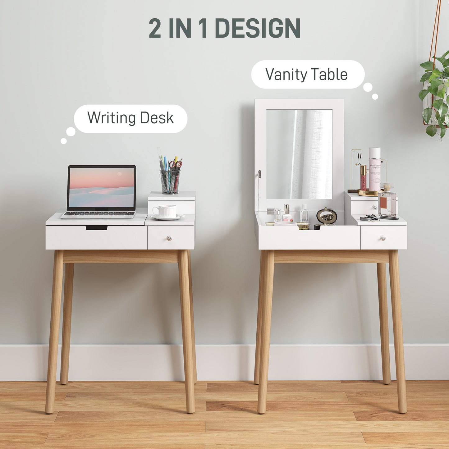 Makeup Vanity Table with Flip-up Mirror, Modern Dressing Table with 2 Drawers for Bedroom, White