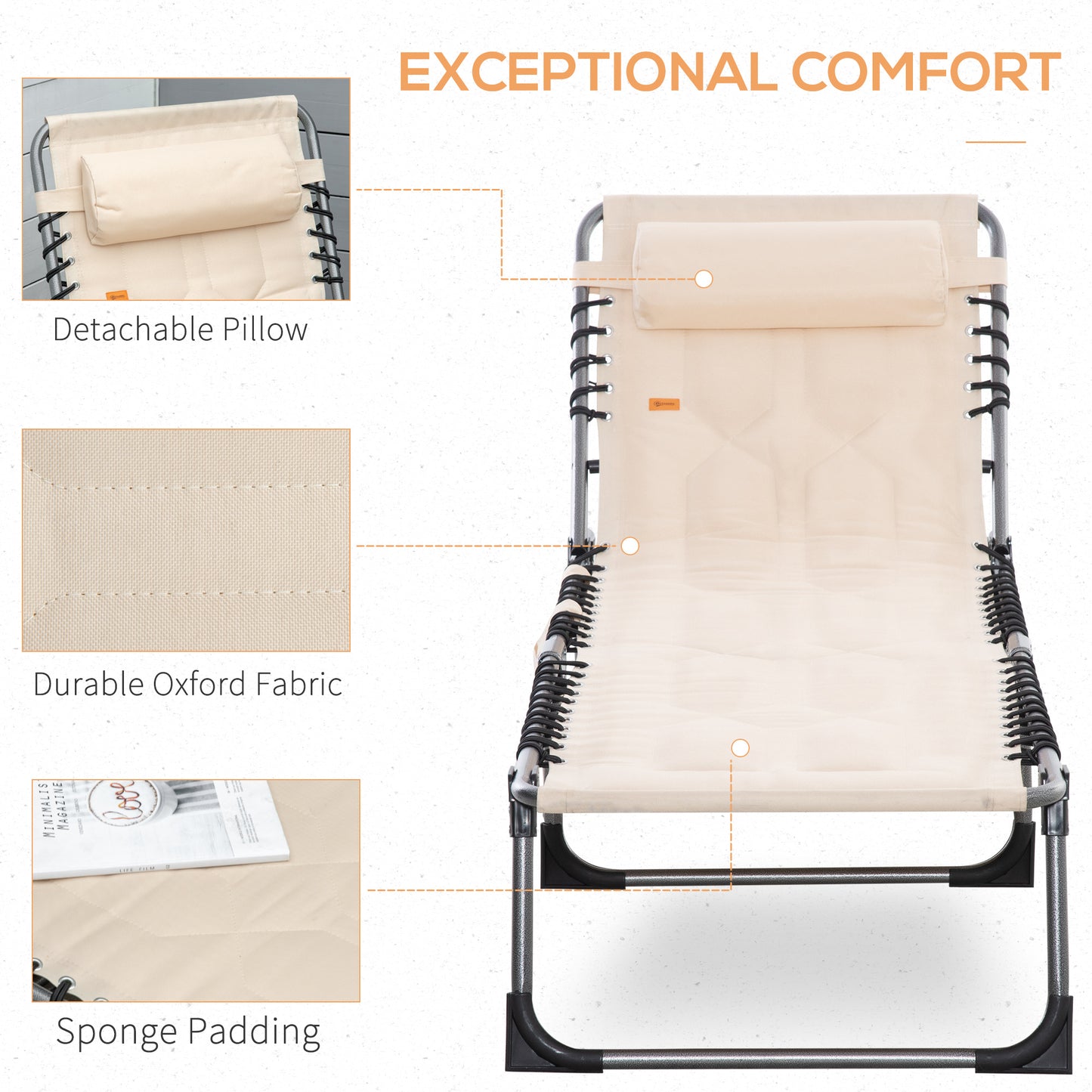 Outdoor Lounge Chair, Folding Chaise Lounge, Patio Padded Tanning Chair with 5-position Adjustable Backrest, Pillow and 