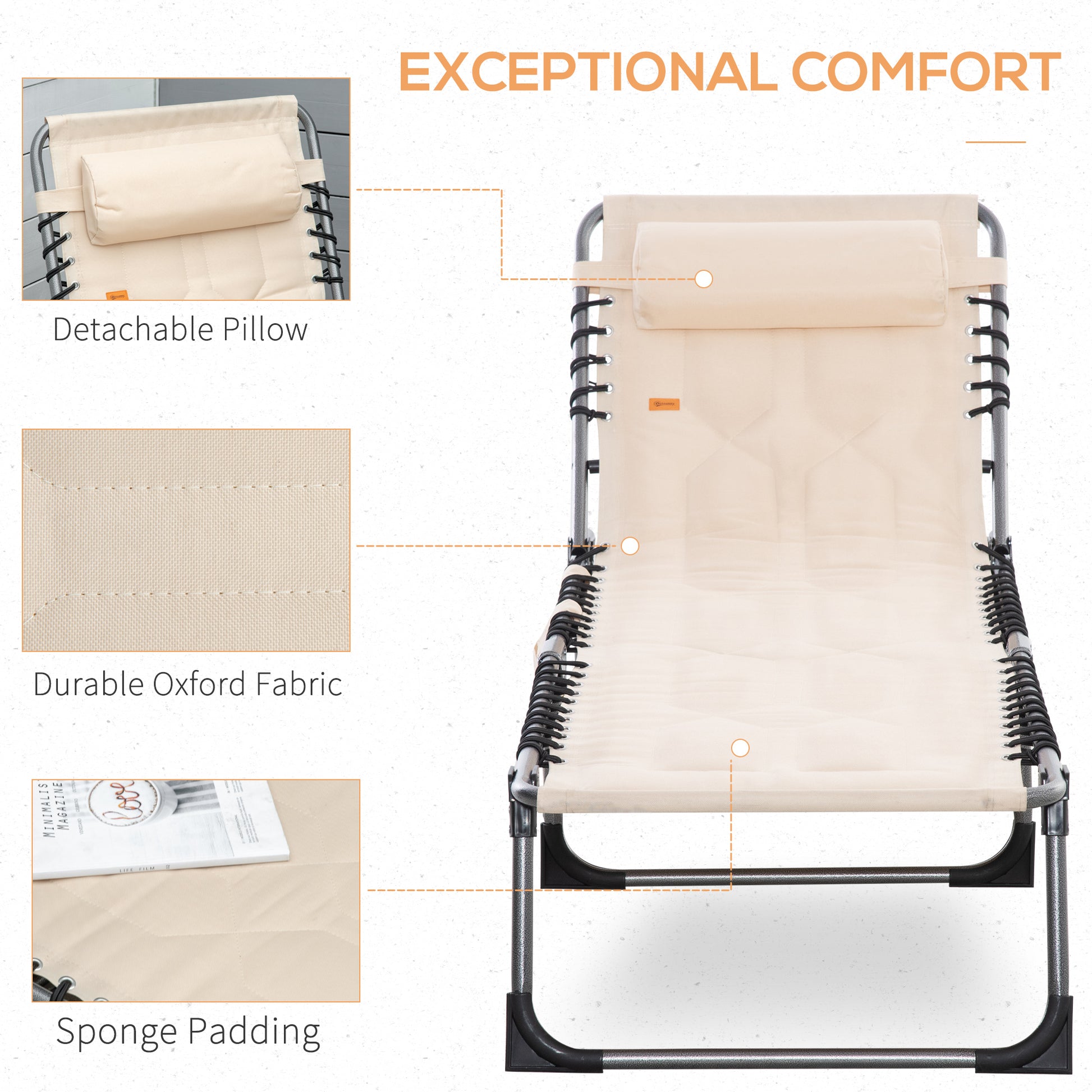 Outdoor Lounge Chair, Folding Chaise Lounge, Patio Padded Tanning Chair with 5-position Adjustable Backrest, Pillow and 