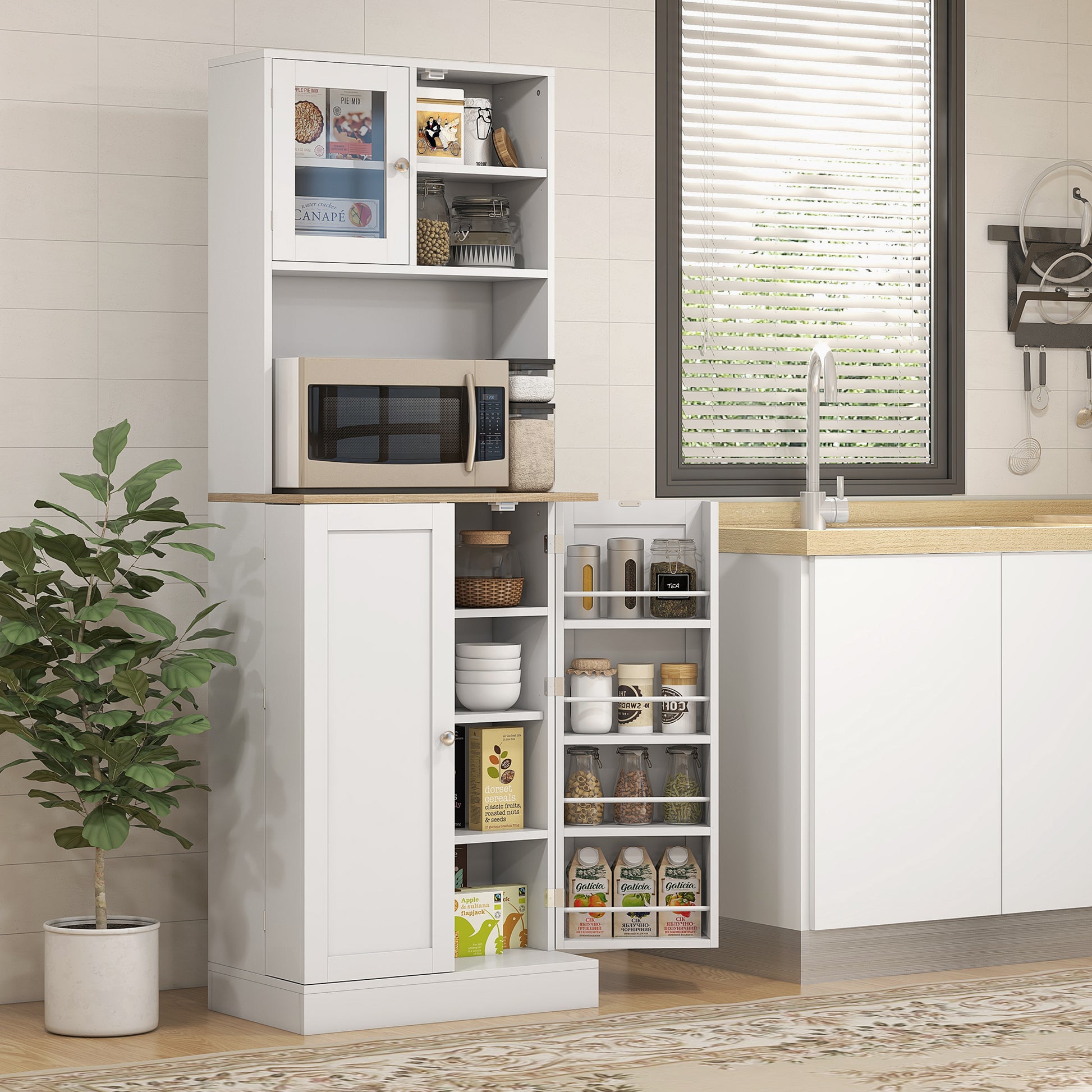 66.5" Tall Kitchen Pantry Cabinet, Kitchen Hutch, Microwave Cabinet with Adjustable Shelves for Dining Room, White