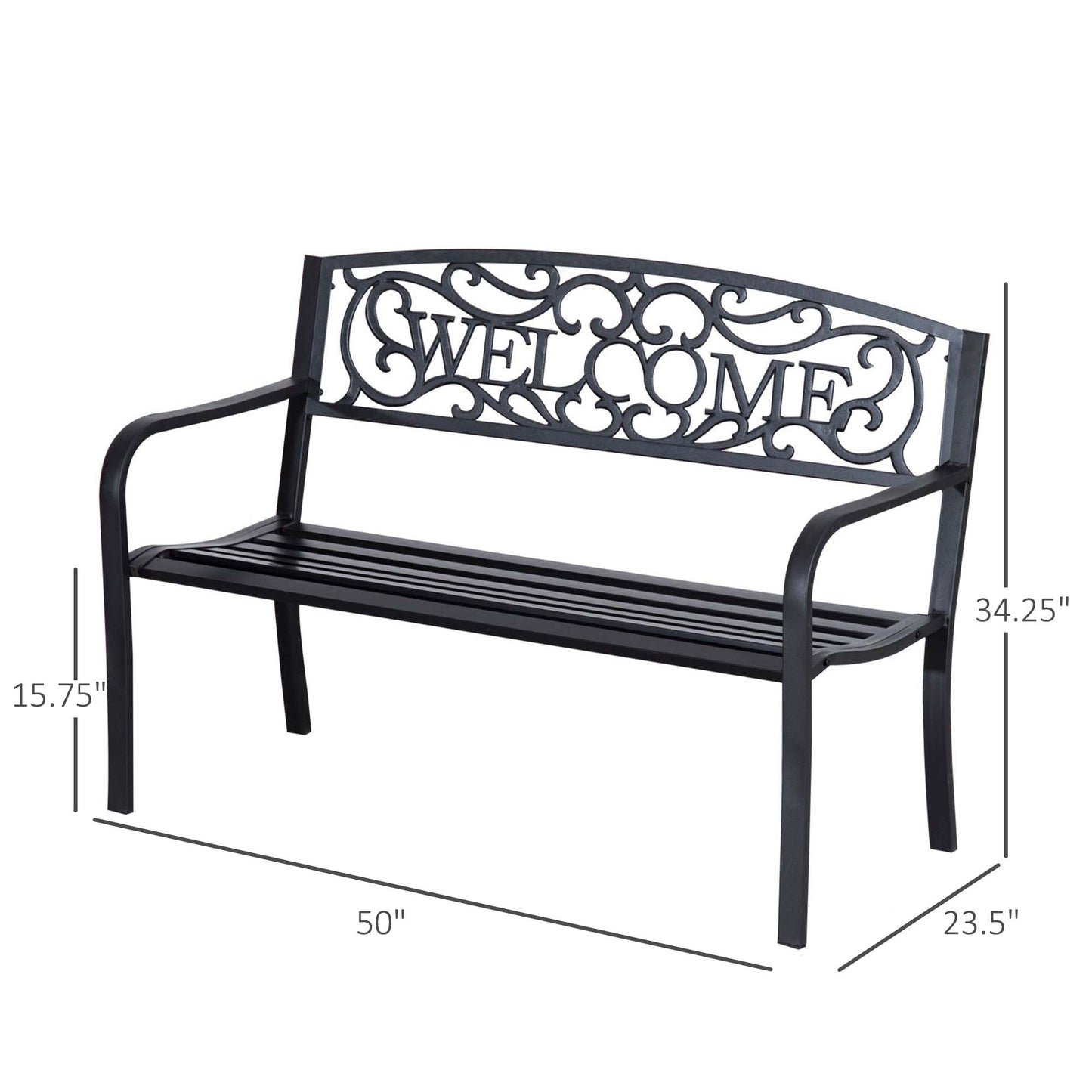50" 2-Seater Garden Bench, Patio Decorative Chair Metal Backyard Loveseat Outdoor Furniture for Yard, Lawn, Porch, Black