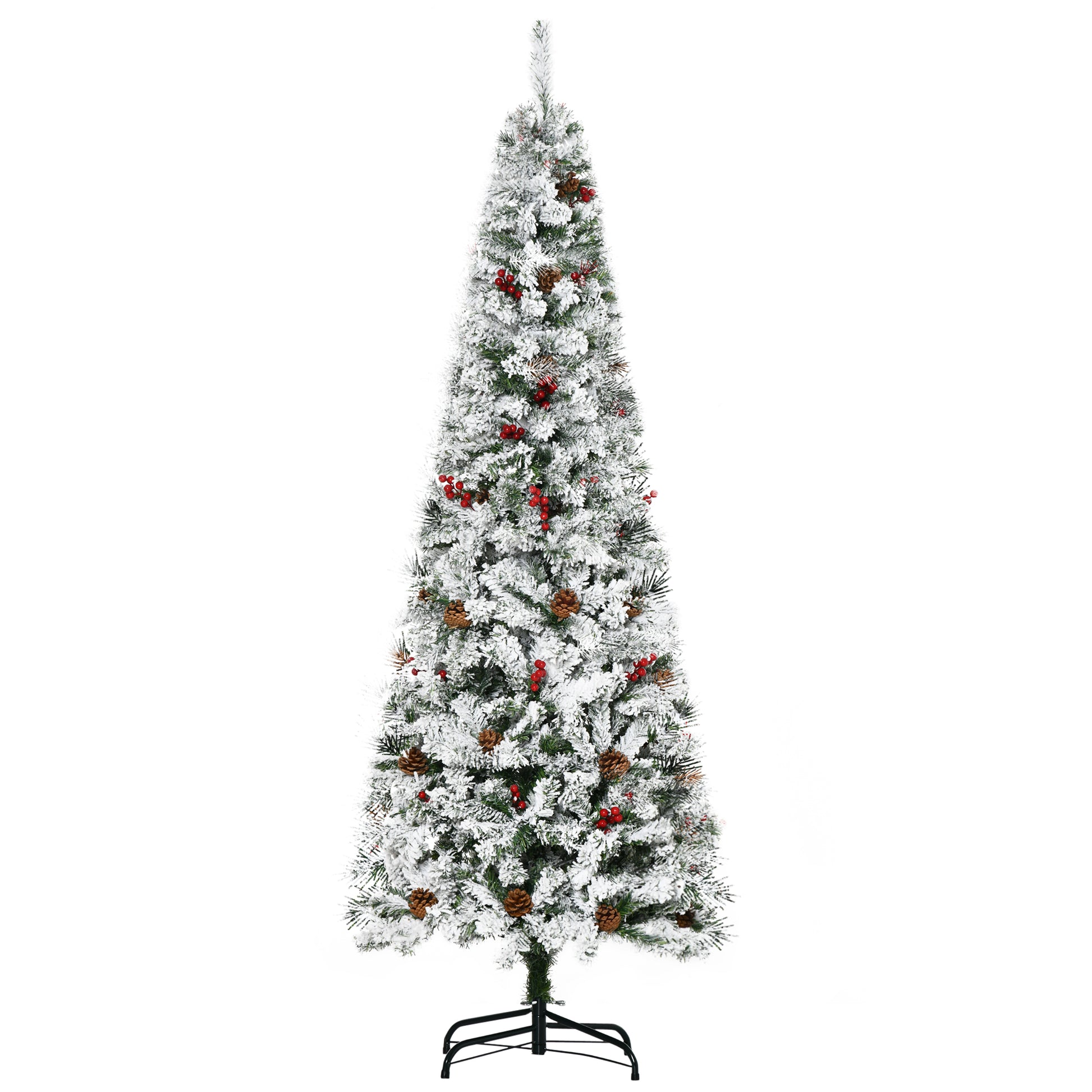 6 Foot Pencil Snow Flocked Artificial Christmas Tree with 600 Pine Realistic Branches, Pine Cones, Red Berries, Auto Ope