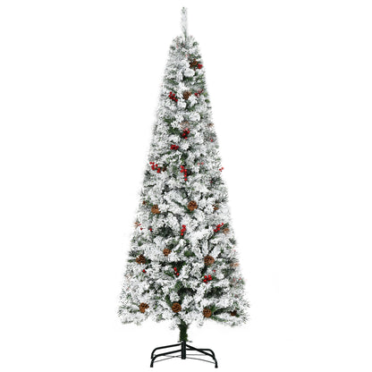 6 Foot Pencil Snow Flocked Artificial Christmas Tree with 600 Pine Realistic Branches, Pine Cones, Red Berries, Auto Ope