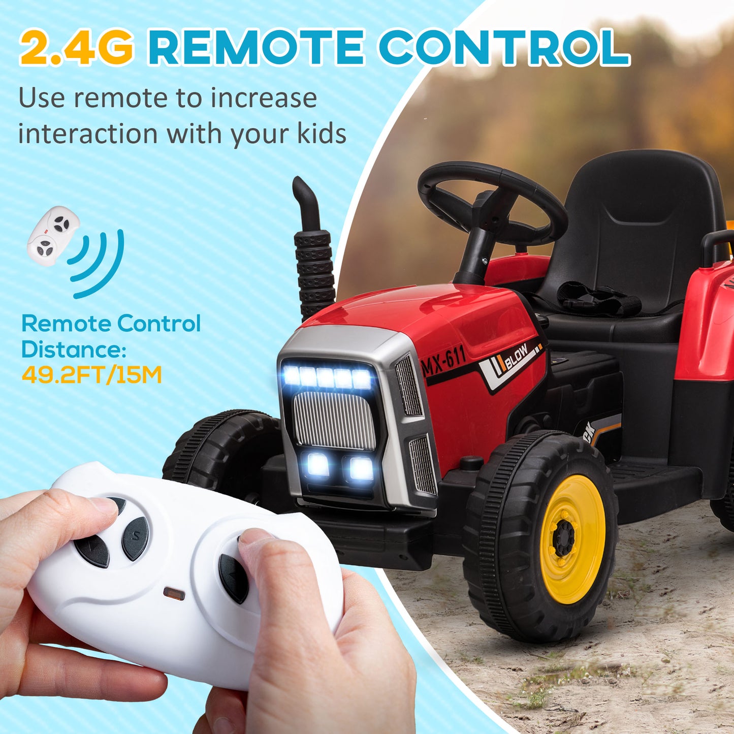 VarietyKart 12V Kids Ride on Tractor with Trailer, Remote Control, Music Start up Sound and Horn, USB, LED Lights, Red