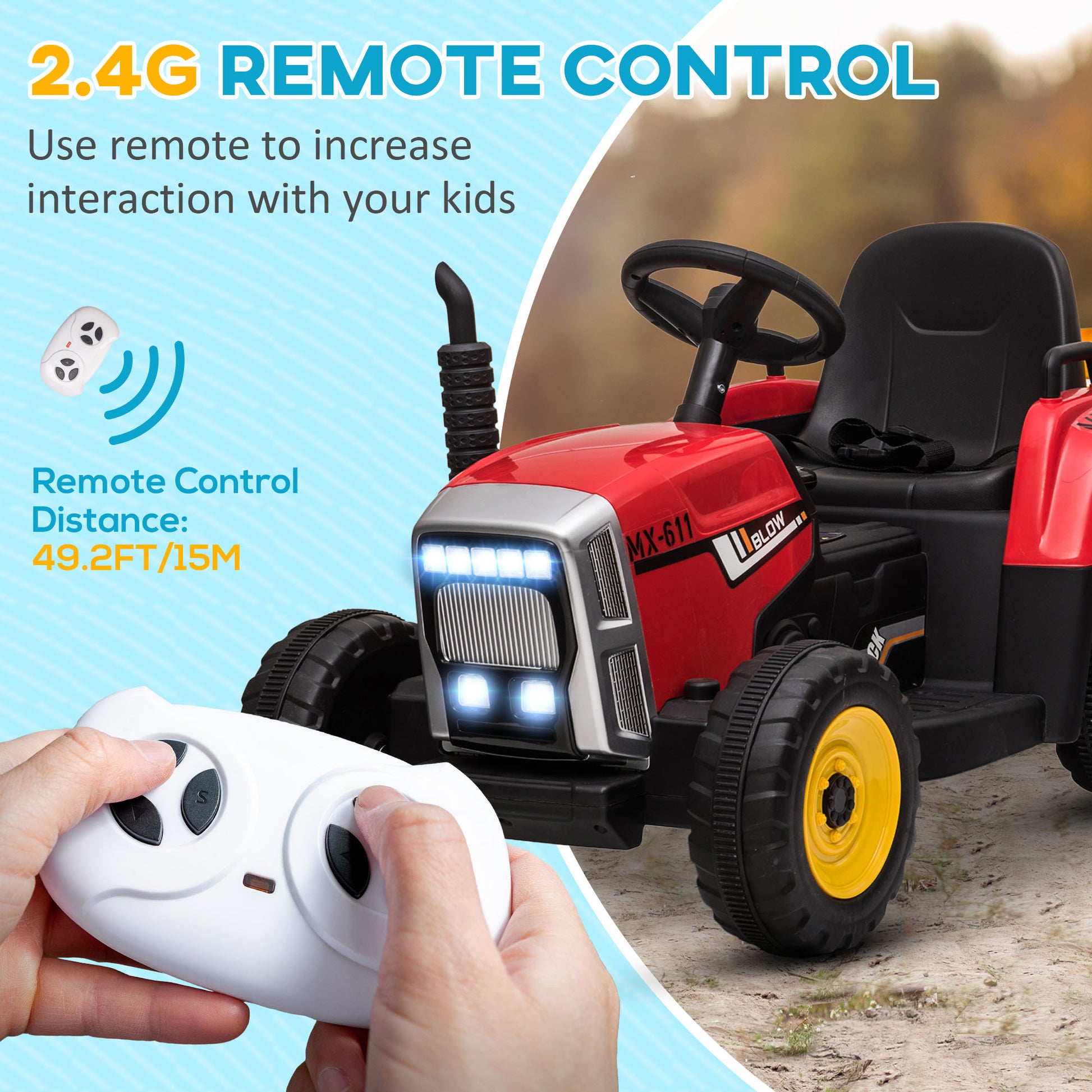 VarietyKart 12V Kids Ride on Tractor with Trailer, Remote Control, Music Start up Sound and Horn, USB, LED Lights, Red