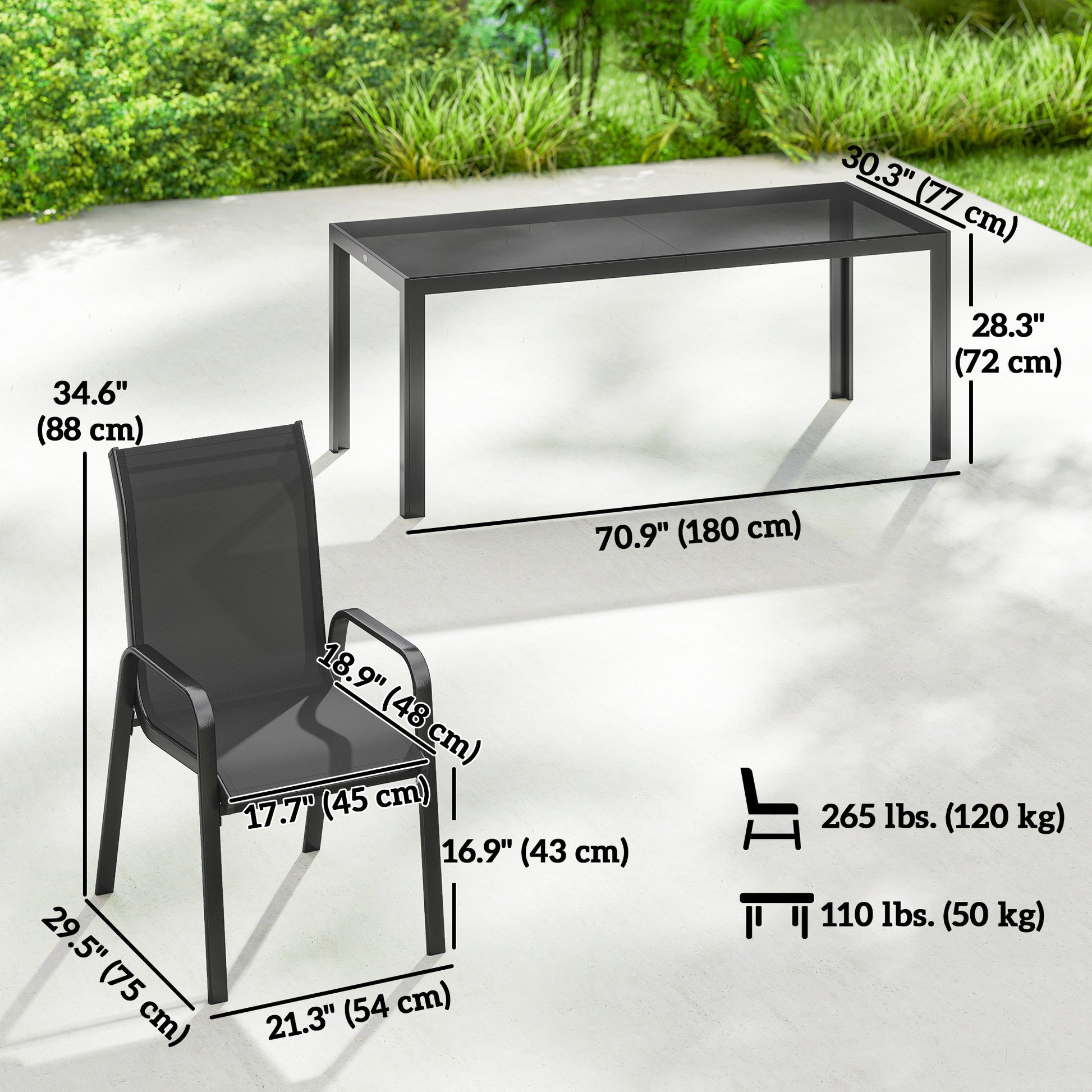 9 Pieces Patio Set with Stackable Chairs, Patio Dining Set with Glass Top for Garden, Patio, Backyard, Black