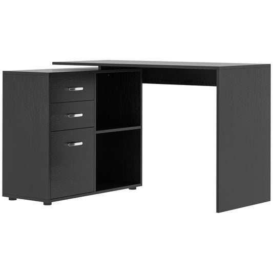 L-Shaped Corner Straight Writing Desk with Storage Shelf, Drawer, Home Office PC Table Computer Workstation, Black