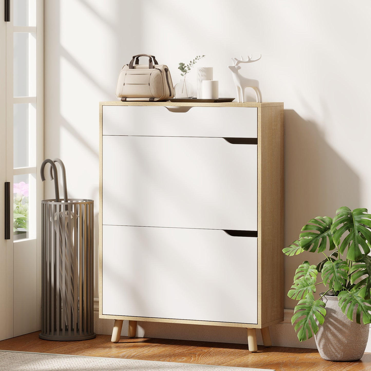 Narrow Shoe Cabinet for Entryway with 2 Flip Drawers, Top Drawer and Adjustable Shelves for 12 Pairs of Shoes, White