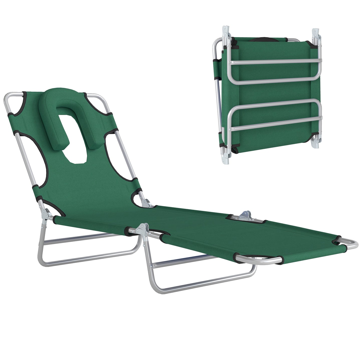 Folding Lounge Chair Outdoor, Tanning Chair with Face Hole Arm Slots, Beach Chaise Lounger with Pillow, 5-Position Adjus