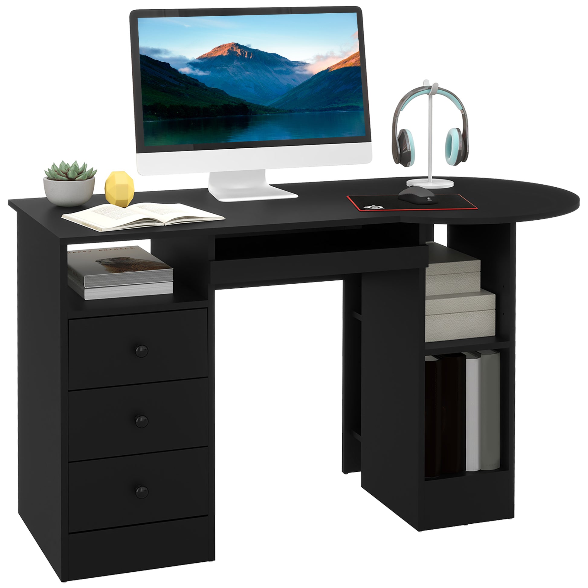 Computer Desk with Storage, Home Office Laptop Table with Shelves and Drawers, Modern Workstation Desk with Keyboard Tra