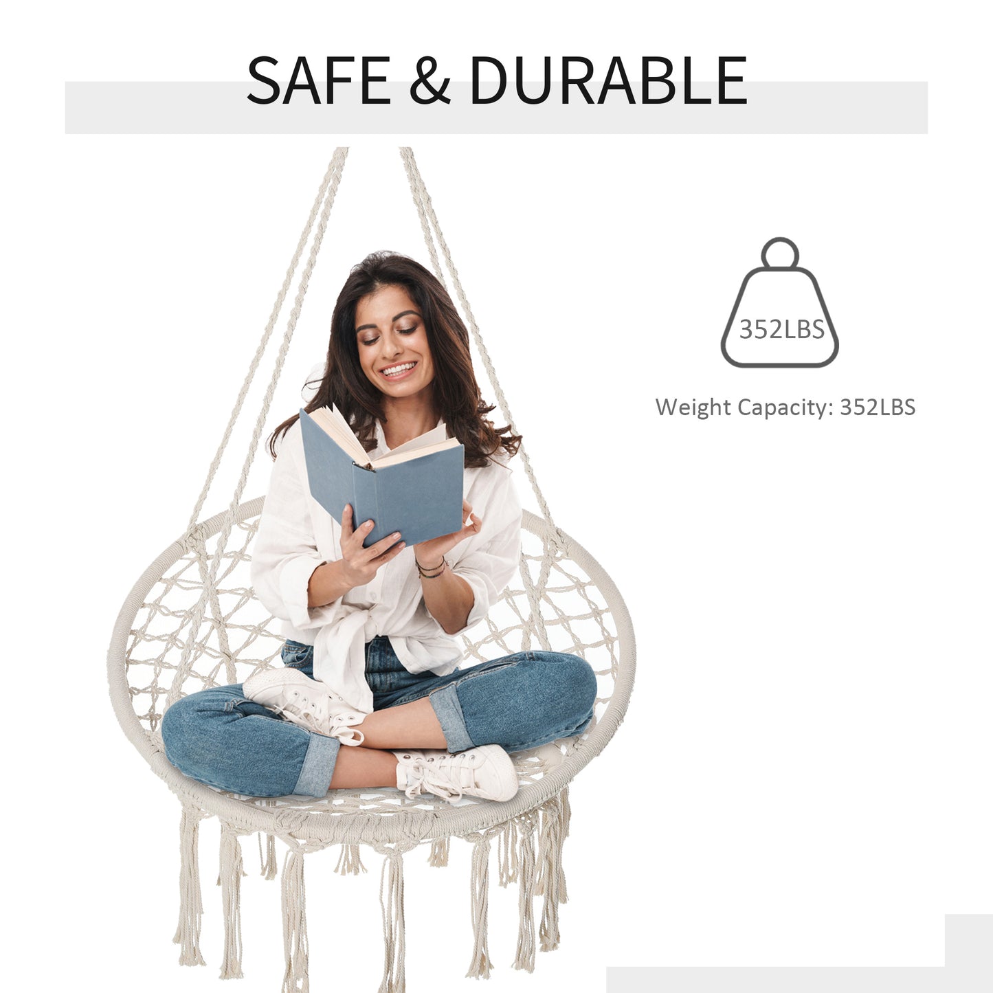 Patio Hammock Chair, Hanging Rope Hammock Swing for Indoor & Outdoor Use with Backrest, Cotton-Polyester Blend, Fringe T