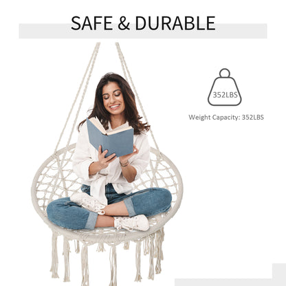 Patio Hammock Chair, Hanging Rope Hammock Swing for Indoor & Outdoor Use with Backrest, Cotton-Polyester Blend, Fringe T