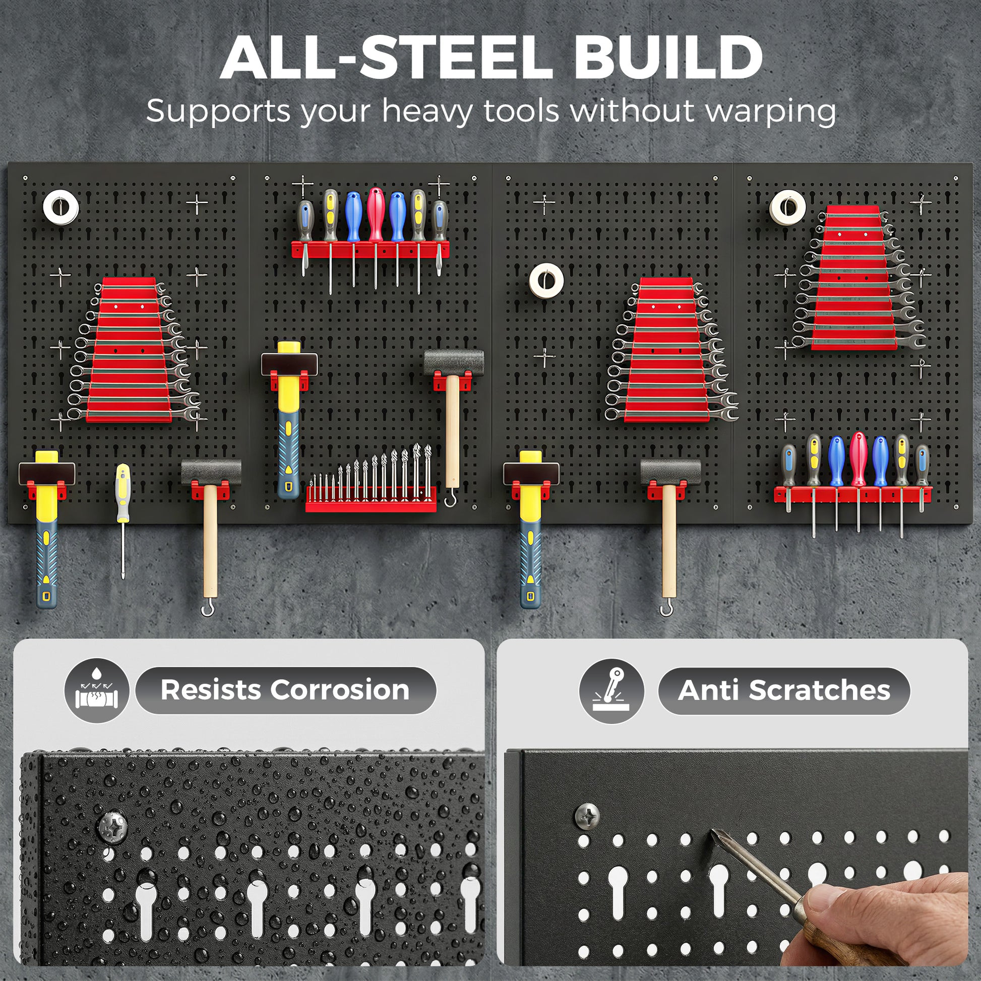 38 Piece Metal Peg Board with Accessories, Shelf Tool Organizer, Black and Red