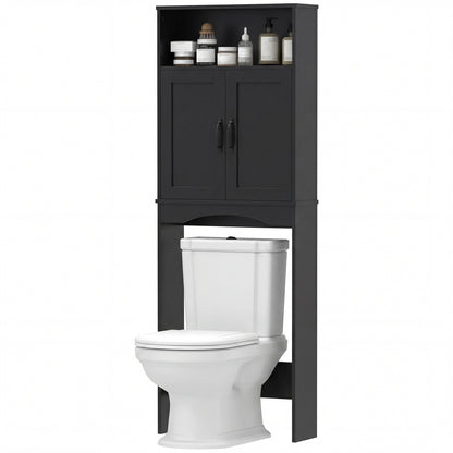 Over the Toilet Storage Cabinet Freestanding Bathroom Organizer with 2 Doors and Open Shelf Black