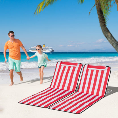 Set of 2 Beach Lounge Chair Sun Lounger, Folding Ground Beach Mat w/ Adjustable Back, Steel Frame, Head Pillow and Carry