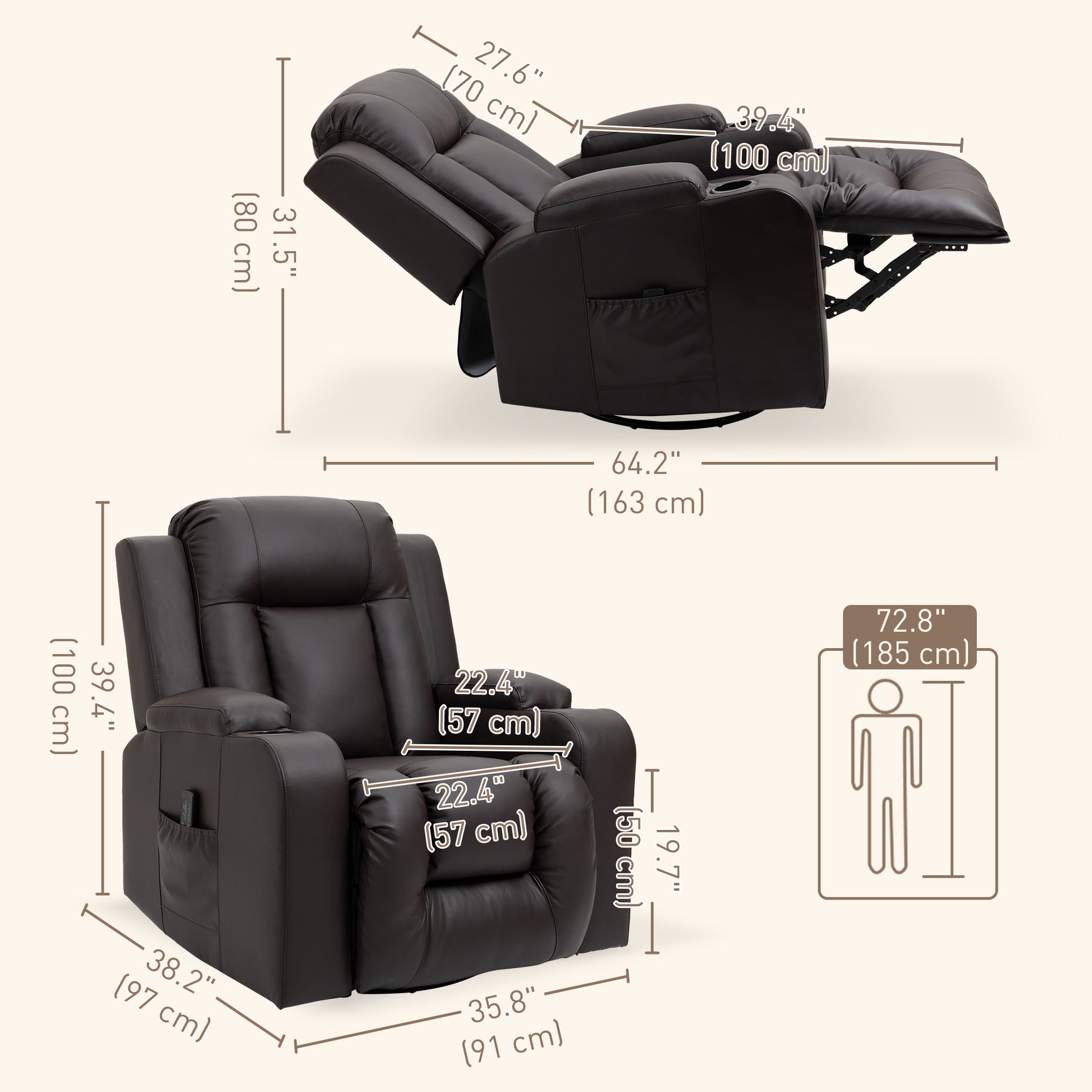Swivel Massage Recliner Chair Rocker, Overstuffed Manual Reclining Sofa, PU Leather Rocking Chair with Side Pockets, Cup