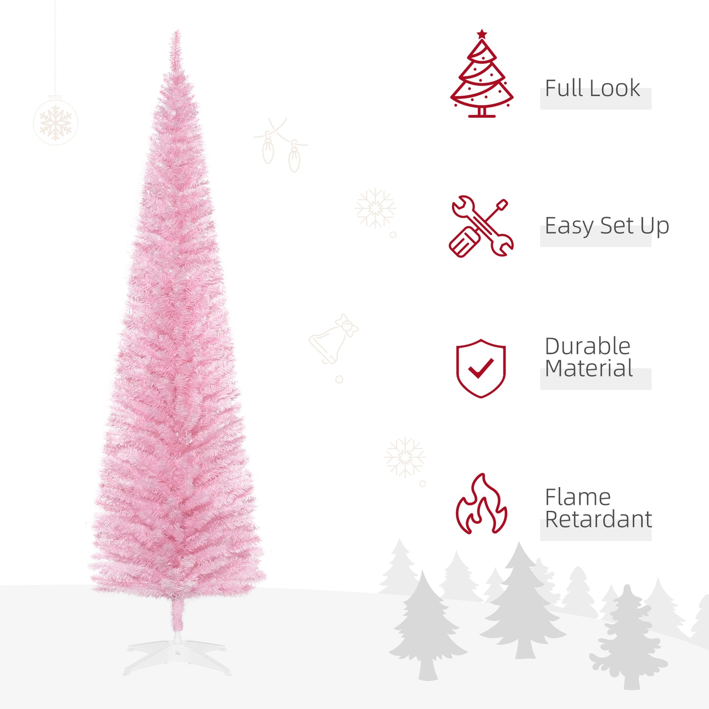 7' Pencil Christmas Tree, Slim Artificial Xmas Tree with Realistic Branches, Sturdy Metal Stand, Pink
