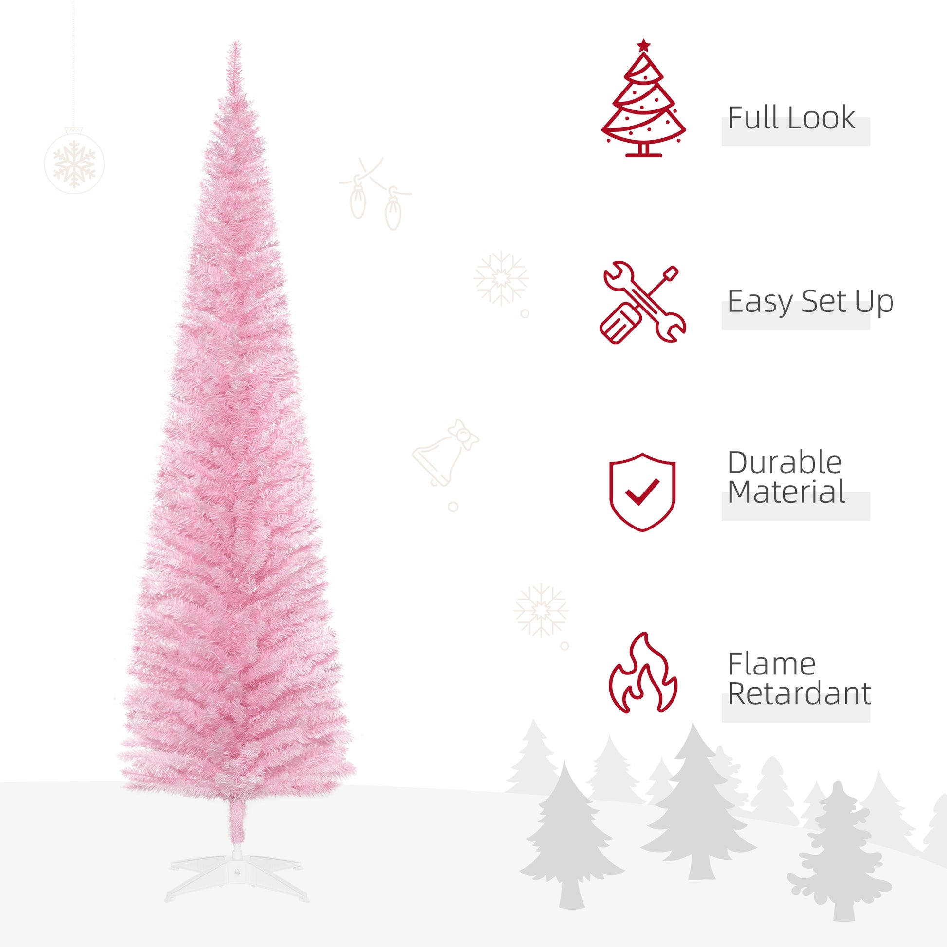 7' Pencil Christmas Tree, Slim Artificial Xmas Tree with Realistic Branches, Sturdy Metal Stand, Pink