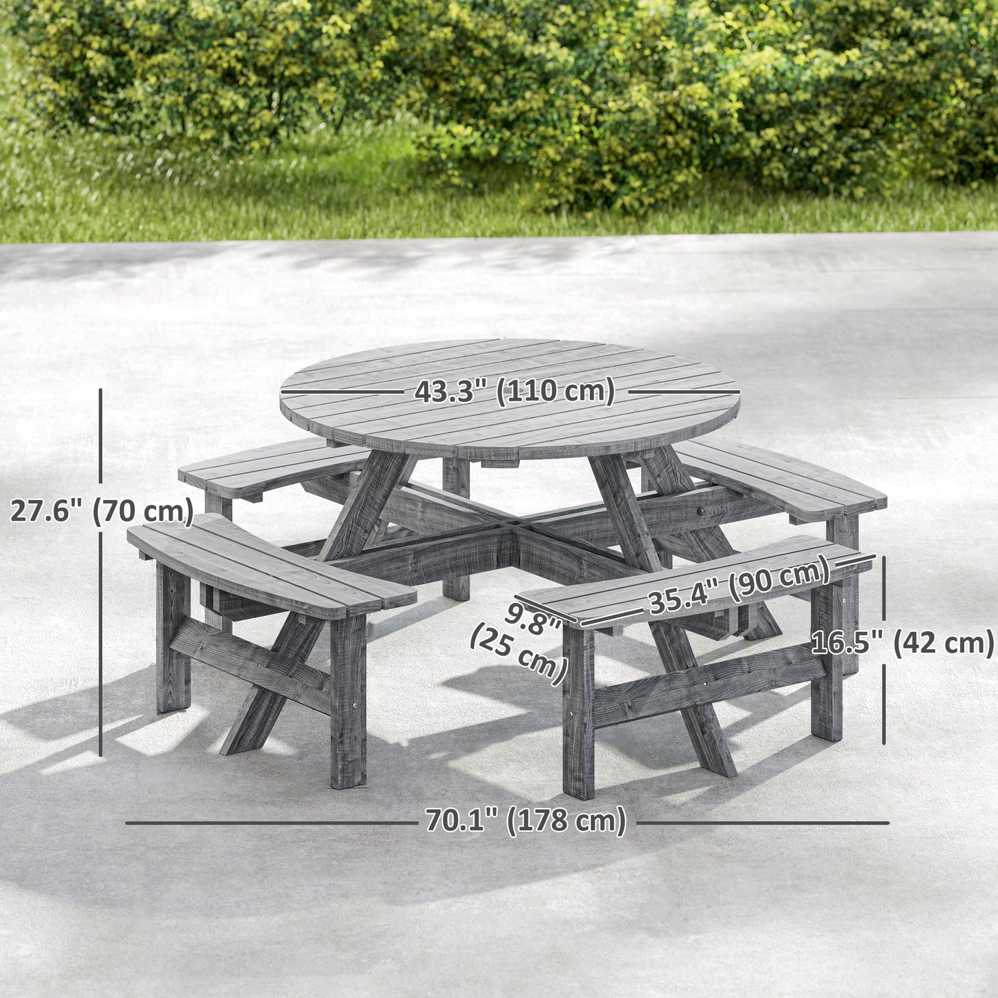 8 Seater Round Wooden Pub Bench & Picnic Table, Patio Dining Set for Outdoor Patio (Umbrella Not Included)