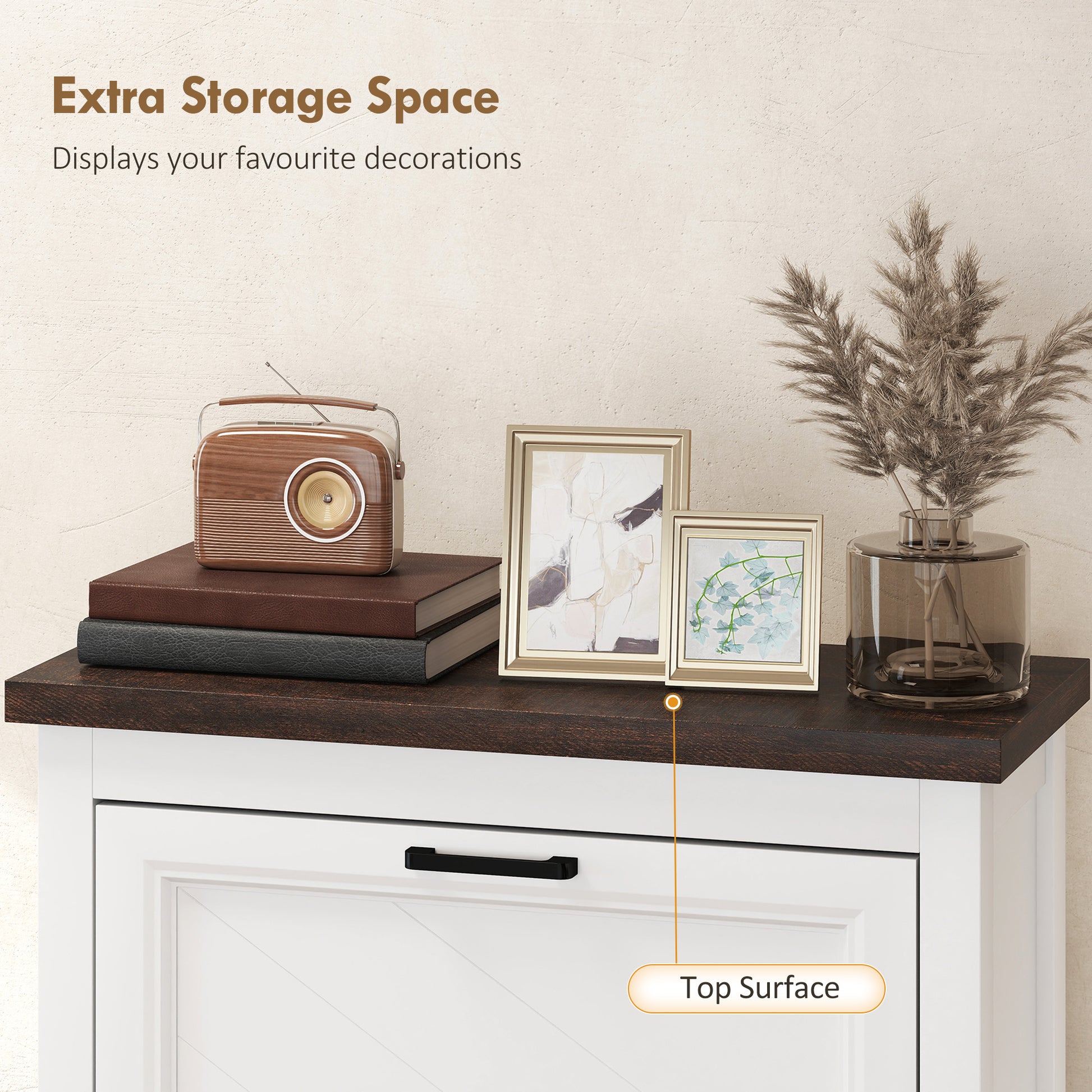 Shoe Cabinet with 2 Flip Drawers, Farmhouse Narrow Shoe Storage Cabinet with Adjustable Shelves, White