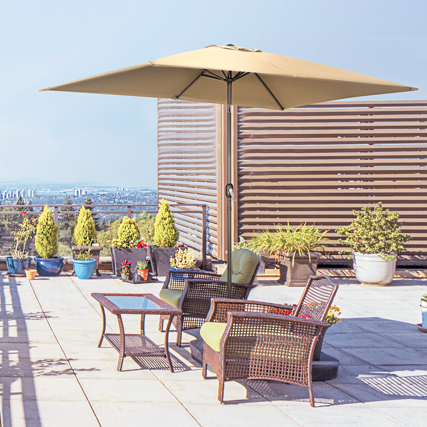 6.5x10ft Patio Umbrella, Rectangle Market Umbrella with Aluminum Frame and Crank Handle, Garden Parasol Outdoor Sunshade