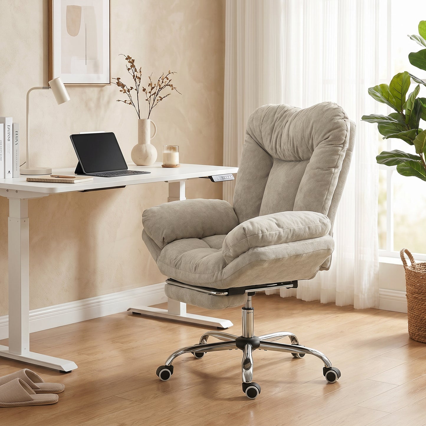 Criss Cross Chair with Wheels, Waterfall Armrests, Overstuffed Wide Office Chair with Footrest, Light Grey