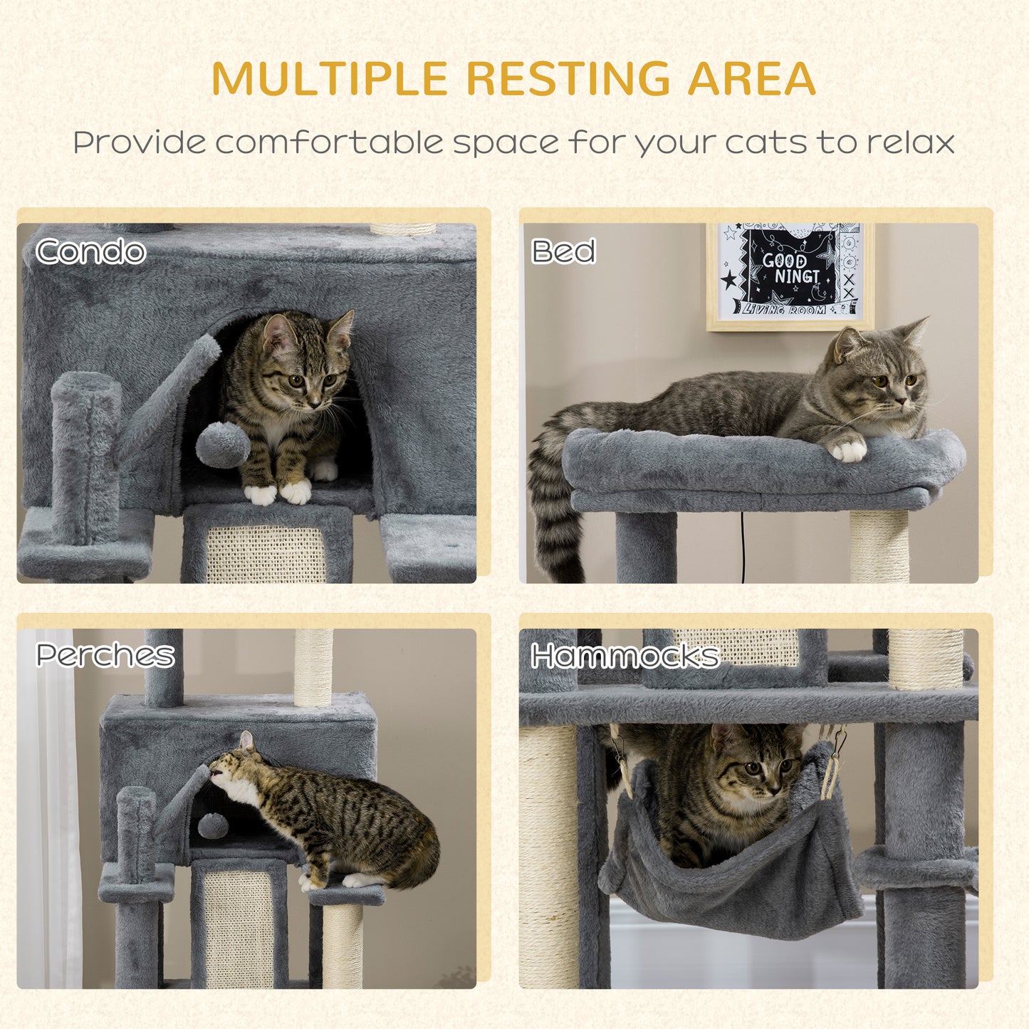 55" Cat Tree for Indoor Cats, Cat Tower, Kitty Activity Center with Cat Bed Ramp Condo Hammocks Hanging Ball Toys Sisal 