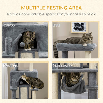 55" Cat Tree for Indoor Cats, Cat Tower, Kitty Activity Center with Cat Bed Ramp Condo Hammocks Hanging Ball Toys Sisal 