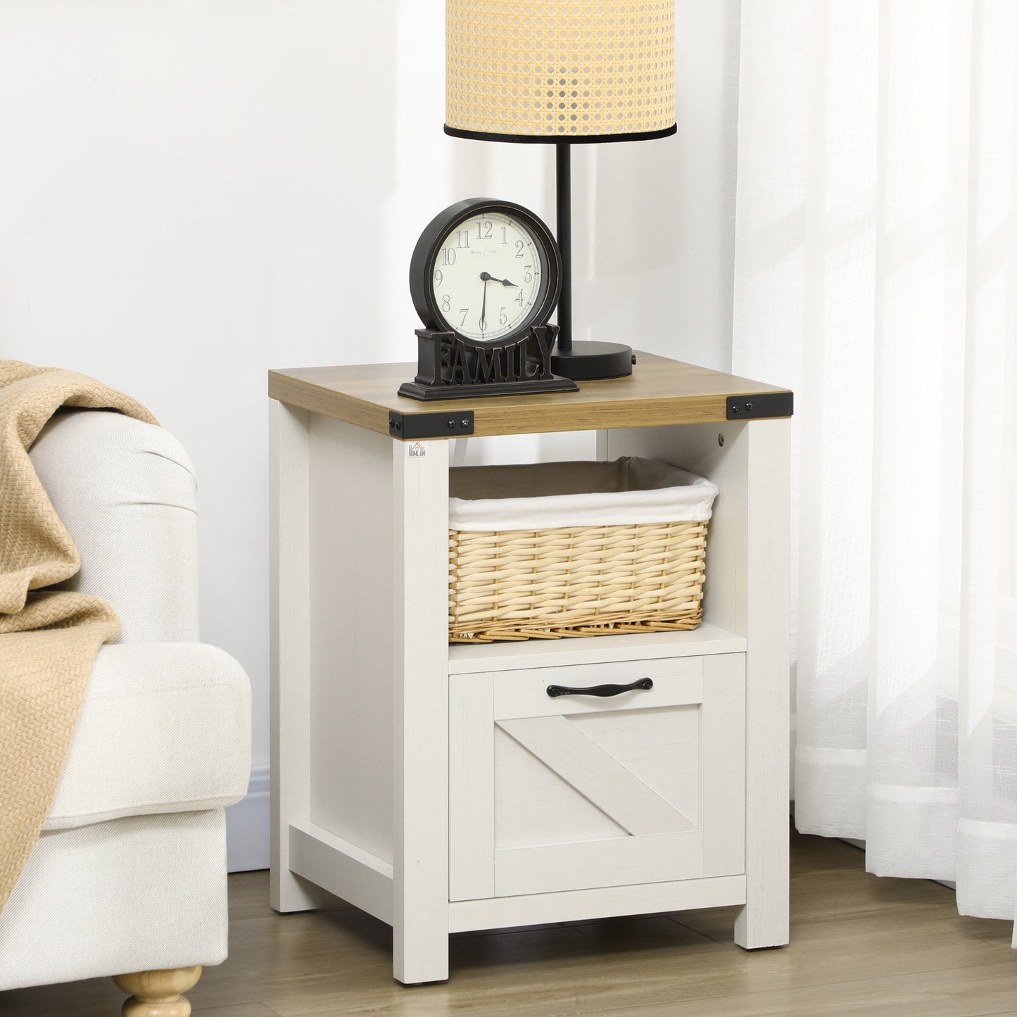 Side Table with Storage, Farmhouse End Table with Drawer, Open Shelf and Barn-style Panel, Nightstand for Living Room, B