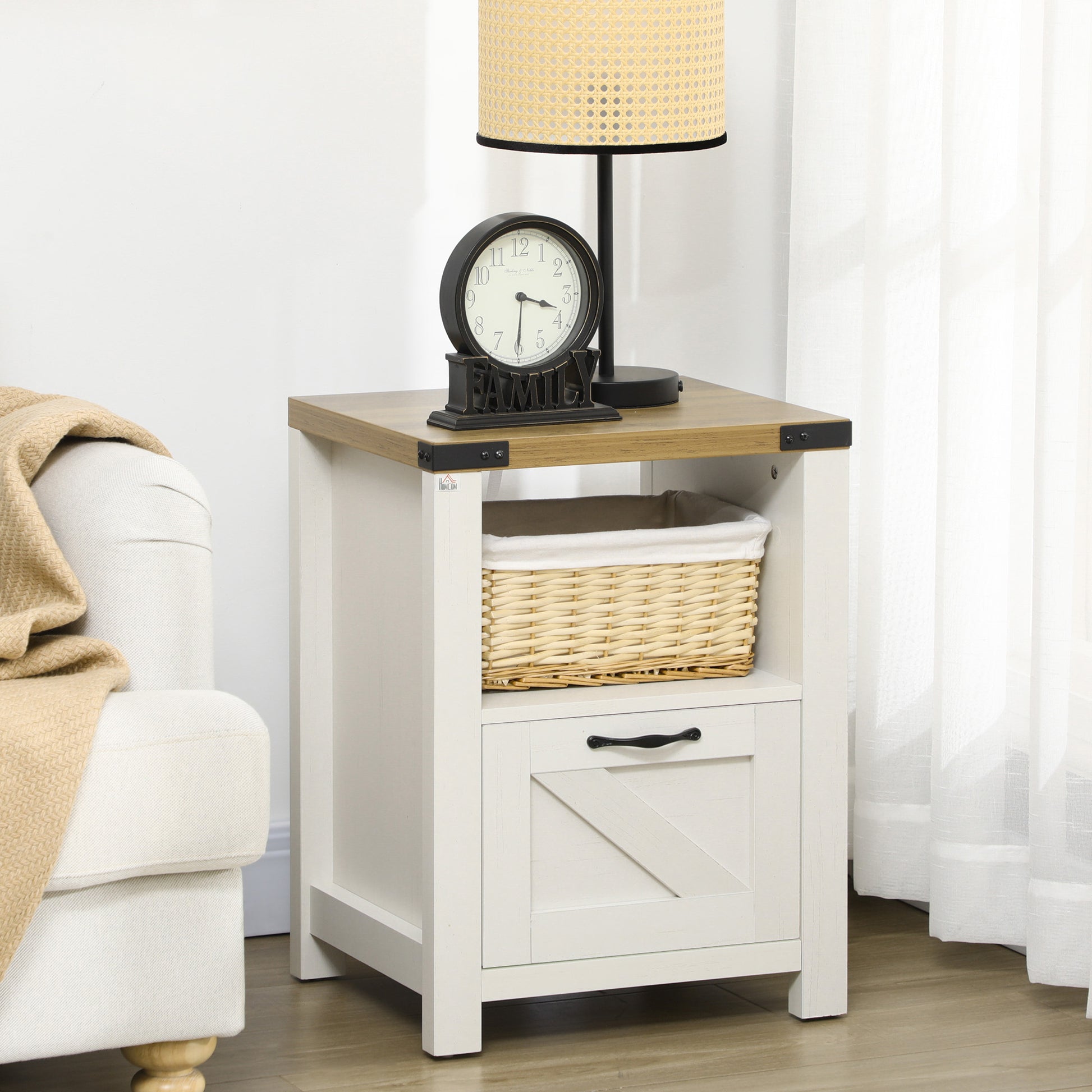 Side Table with Storage, Farmhouse End Table with Drawer, Open Shelf and Barn-style Panel, Nightstand for Living Room, B