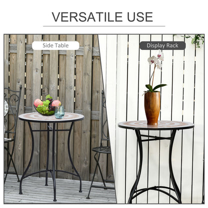 23.5" Mosaic Round Patio Table, Metal Side Bistro Coffee Table, Outdoor Furniture, Ceramic Tabletop for Garden Lawn