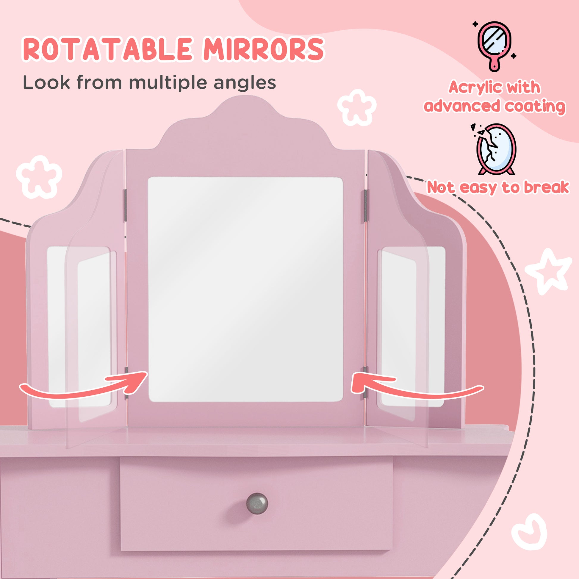 Qaba Kids Vanity Table and Stool, Makeup Vanity Girls Dressing Table Set with Tri-folding Mirrors Drawer Star and Heart 