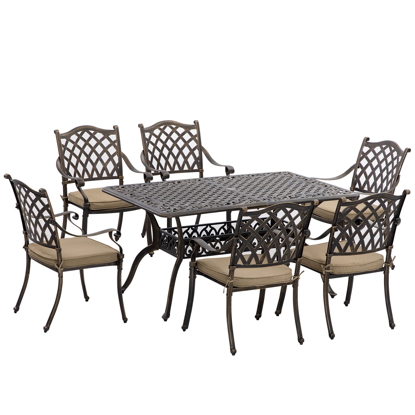 7 Pieces Patio Dining Set with Umbrella Hole, Cast Aluminum Outdoor Patio Furniture Set with 6 Cushioned Chairs and Rect
