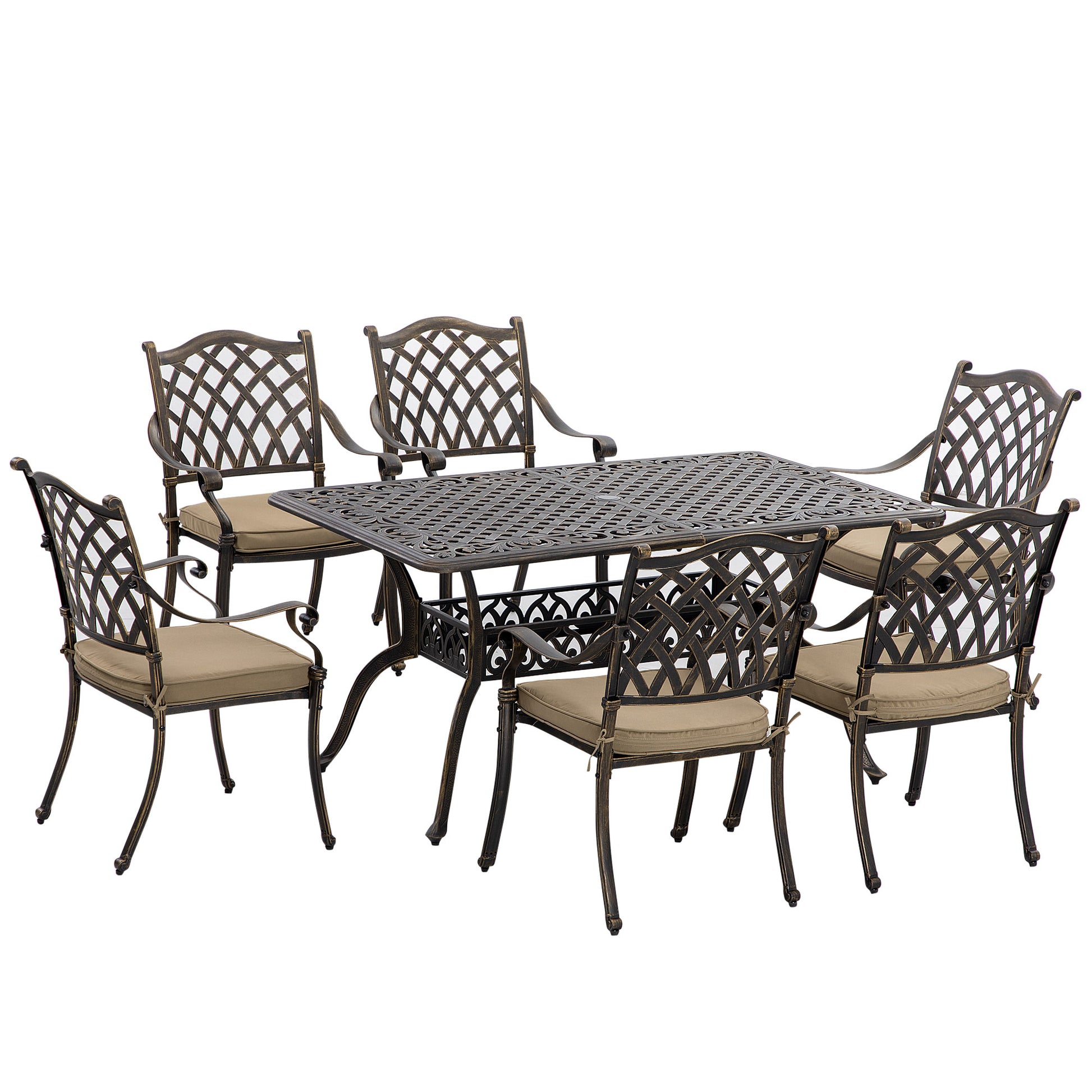 7 Pieces Patio Dining Set with Umbrella Hole, Cast Aluminum Outdoor Patio Furniture Set with 6 Cushioned Chairs and Rect