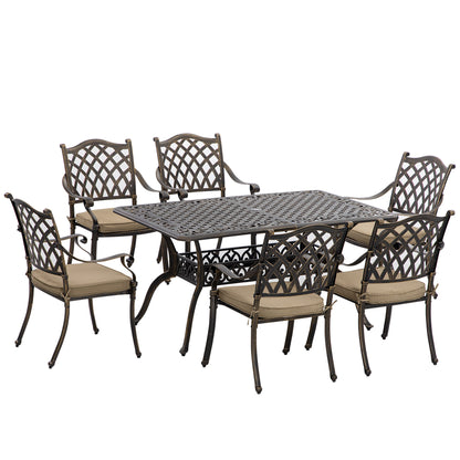 7 Pieces Patio Dining Set with Umbrella Hole, Cast Aluminum Outdoor Patio Furniture Set with 6 Cushioned Chairs and Rect