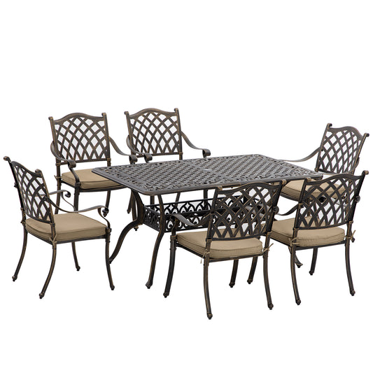 7 Pieces Patio Dining Set with Umbrella Hole, Cast Aluminum Outdoor Patio Furniture Set with 6 Cushioned Chairs and Rect