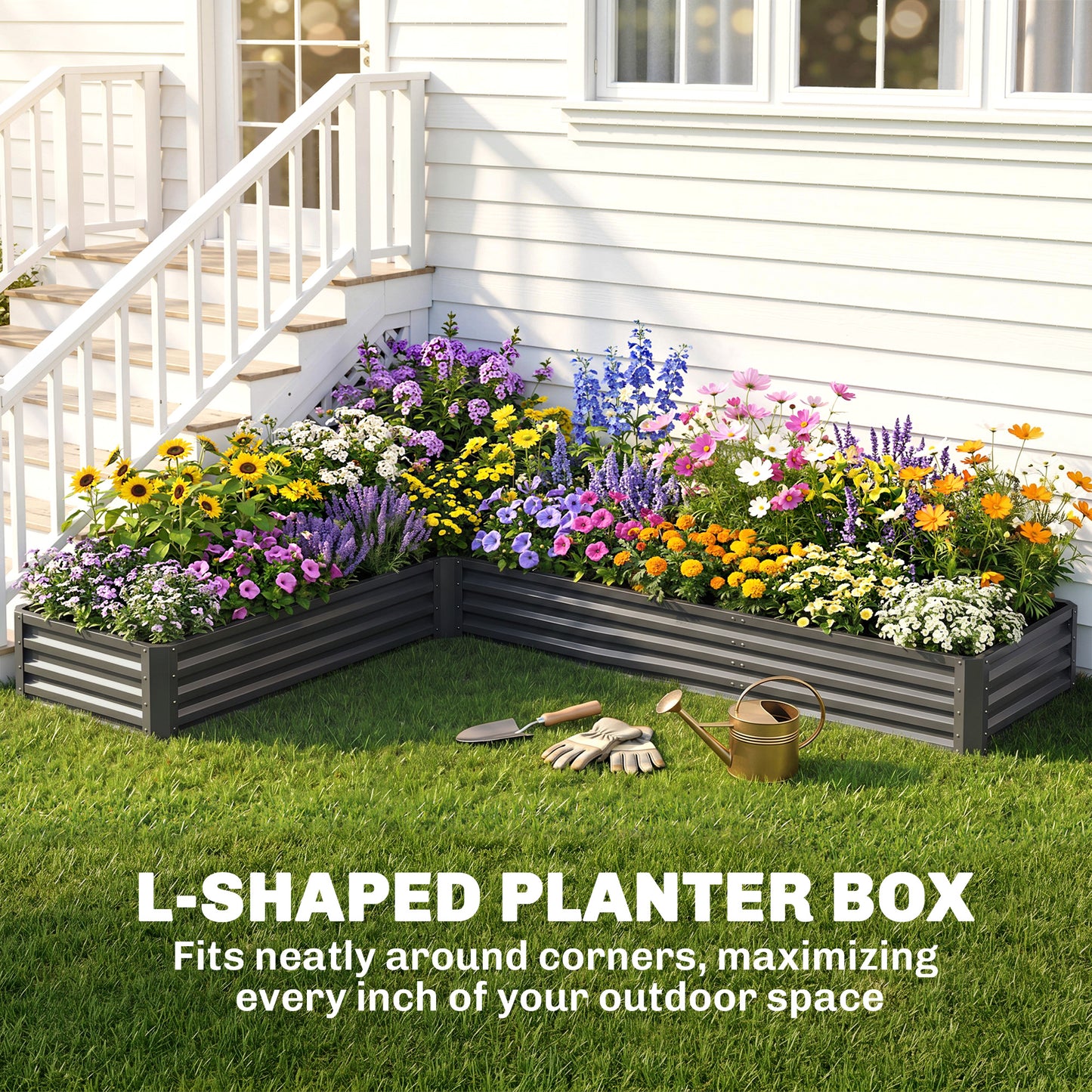 L-Shaped Raised Garden Bed, 82" x 109" x 12" Galvanized Steel Planter Box with Multi-reinforced Rods for Vegetables, Flo