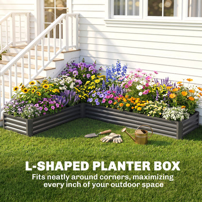 L-Shaped Raised Garden Bed, 82" x 109" x 12" Galvanized Steel Planter Box with Multi-reinforced Rods for Vegetables, Flo
