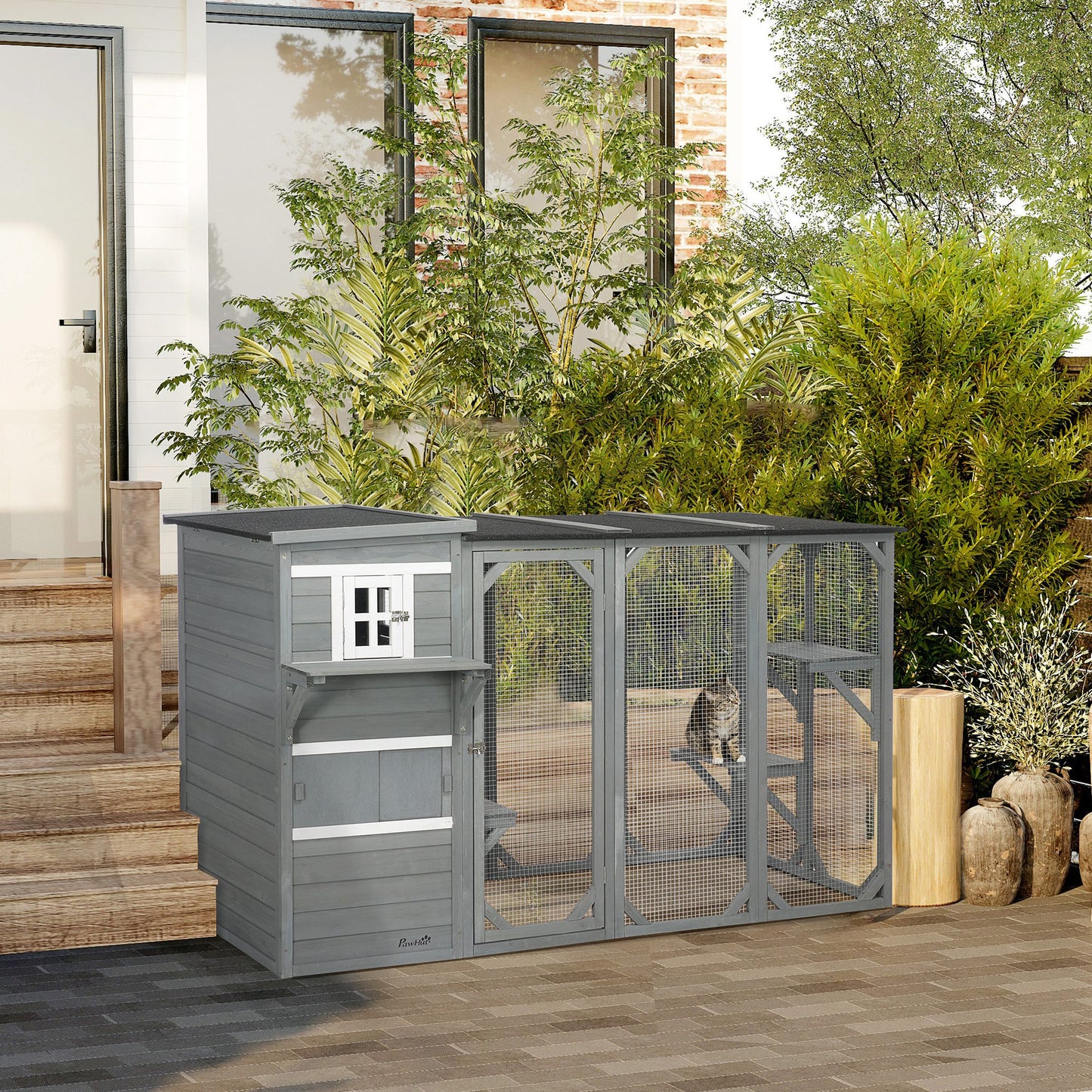 Wooden Cat Catio, 76"L Walk in Outdoor Cat House with Asphalt Roof, Platforms, Lockable Doors, 3-tier Resting Condo, Obs