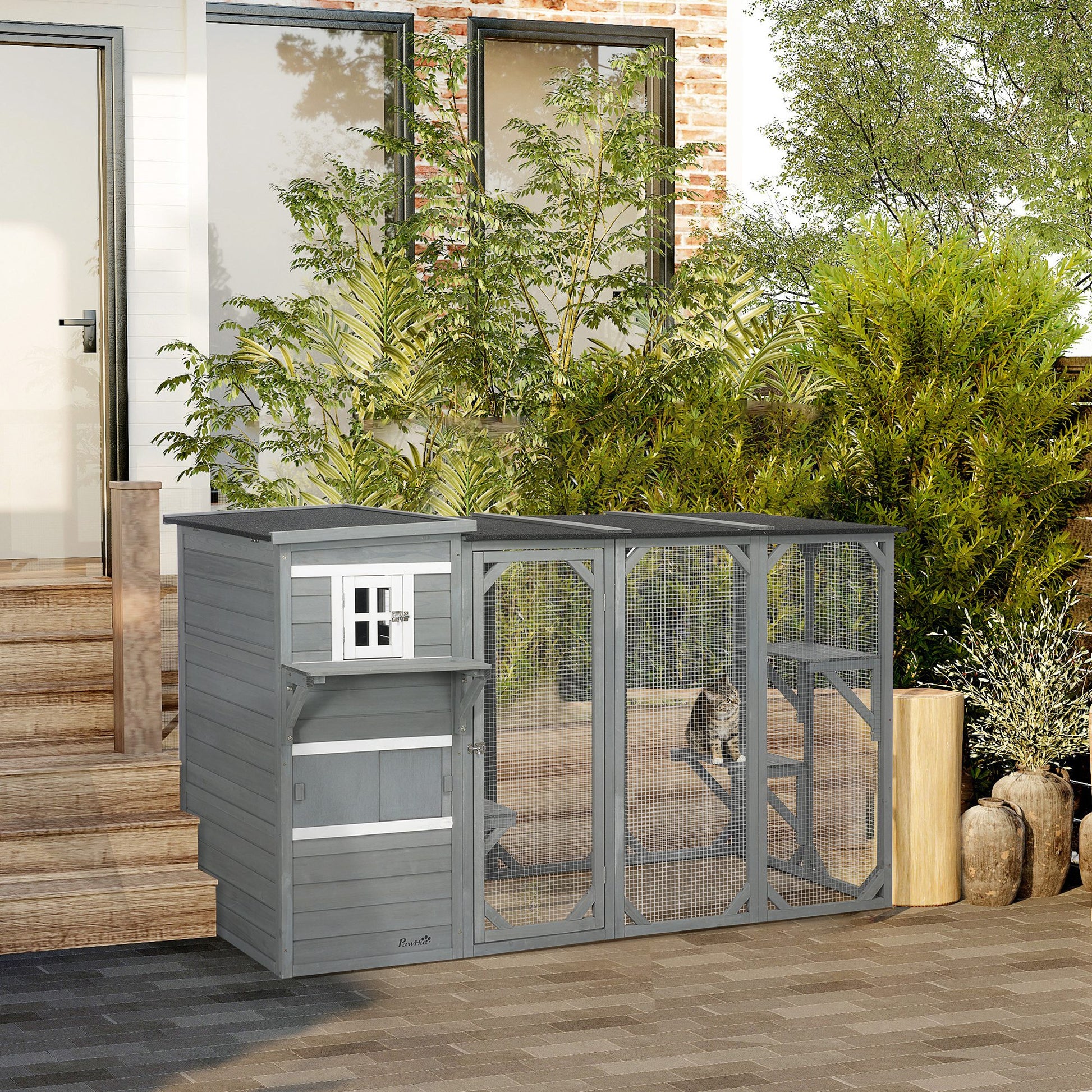 Wooden Cat Catio, 76"L Walk in Outdoor Cat House with Asphalt Roof, Platforms, Lockable Doors, 3-tier Resting Condo, Obs